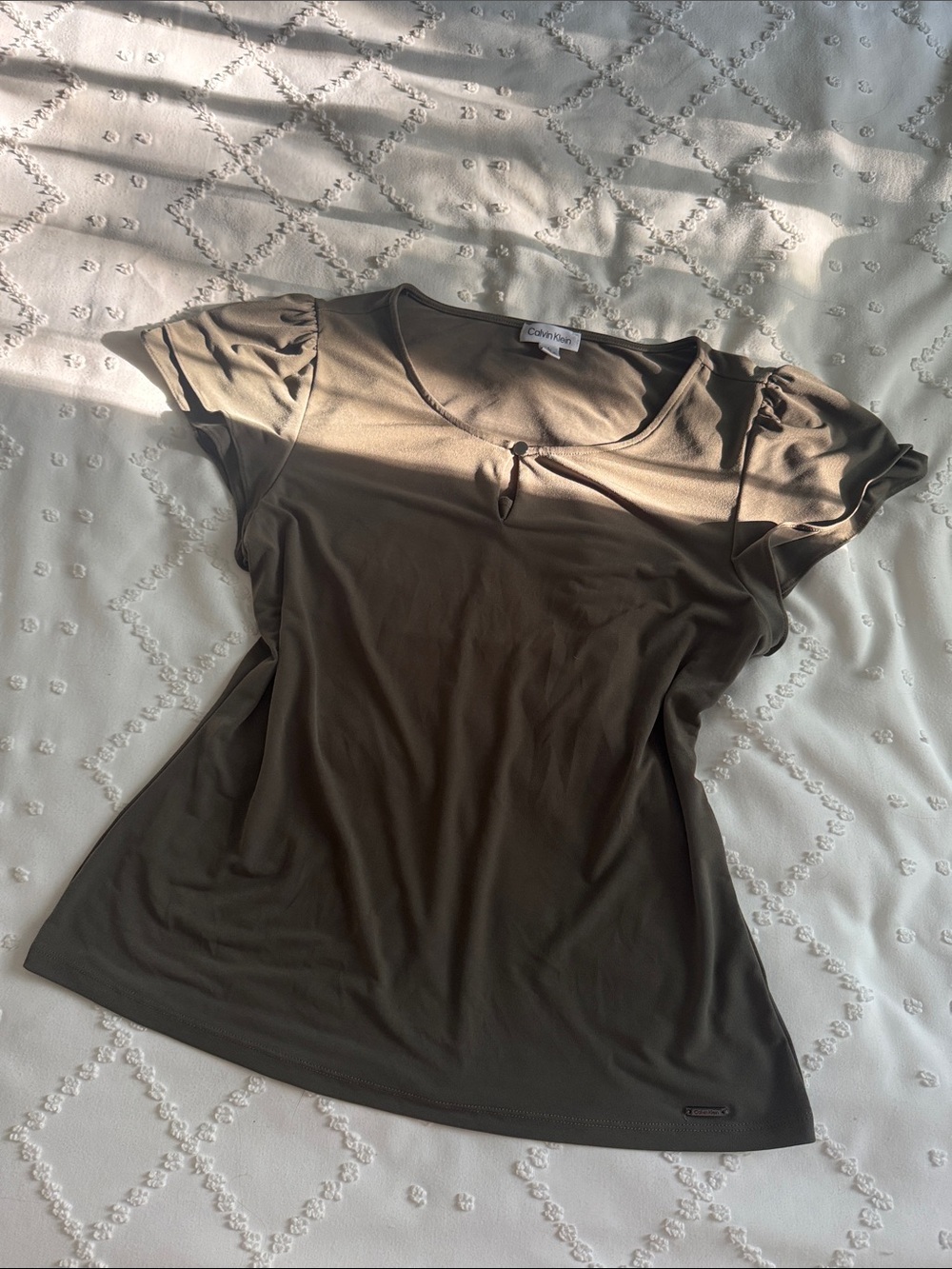 Calvin Klein Olive Short Sleeve Scoop Neck Tee with Keyhole